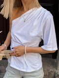French White Irregularly Side-Sleeved Knitted T-Shirt 2025 Fashion New Woman 68HZ