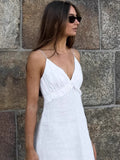 Sexy White Cotton Tame V-Neck Lotus Leaf Side Loose Sling Dress 2025 Spring And Summer New Holiday Dress 68HZ