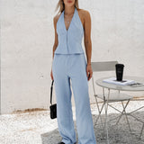 Summer Explosion Pure Color Fashion Casual Set Cotton Sleeveless Hanging Neck Top High Waist Trousers Two Sets Of Women 68HZ