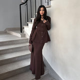 Autumn Fashion Commuting Explosion Brown Suit Sexy V-Neck Long Sleeves Cuscult Temperament Fishtail Dress Suit Woman 68HZ