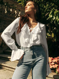French New Lotus Leaf Side Solid Color V-Neck Bubble Sleeve Shirt 2025 Spring And Autumn Small Design Feeling 68HZ