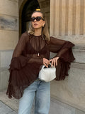 Spring New Women's Design Sense Round-Neck Lotus Leaf Sleeves Gentle Wind Loose Chiffon Shirt 68HZ
