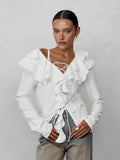 Autumn New Fashion White Cunt Casual Lotus Side Sexy Temperament With Long-Sleeved Ladies Shirt 68HZ
