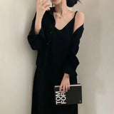Korean Version Of Chic Spring And Autumn French Retro Temperament To Reduce The Age Of Sexy Sling Dress + Shirt Coat Two Sets Of Women 68HZ