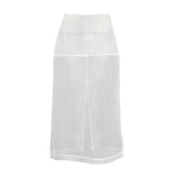 Autumn French Classic Fashion Sexy Perspective White Mesh High-Waisted Straight Straight-Up Open Skirt Woman 68HZ