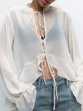 White Chiffon Small Vertical Collar Design Sense Rope Women's Shirt 2025 Autumn And Winter Fashion New Top 68HZ