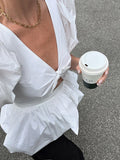 Design V-Neck Bubble Sleeve Temperament Bow Short-Sleeved Hollow Shirt Summer Fashion Commuting Top Woman 68HZ