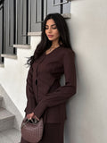 Autumn Fashion Commuting Explosion Brown Suit Sexy V-Neck Long Sleeves Cuscult Temperament Fishtail Dress Suit Woman 68HZ