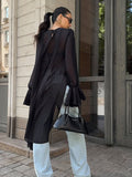 Chiffon Shirt Women's Black Mesh Irregular Niche Design Round Neck Lotus Leaf Sleeve Long Sleeve Top 68HZ