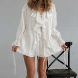French V-Neck Loose Lotus Leaf-Side Shirt Hot Pants Set 2025 Spring New Fashion Two-Piece Set 68HZ