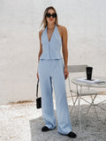 Summer Explosion Pure Color Fashion Casual Set Cotton Sleeveless Hanging Neck Top High Waist Trousers Two Sets Of Women 68HZ