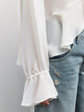 White Chiffon Small Vertical Collar Design Sense Rope Women's Shirt 2025 Autumn And Winter Fashion New Top 68HZ