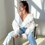 2025 Women's Shirt Sexy Deep V Collar Wood Ear Long Sleeve Temperament Fashion Spliced Lace Shirt 68HZ