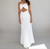 Spring And Summer White Cotton Hanging Neck Hollow With Dress 2025 Fashion New Long Dress Woman 68HZ