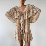 Autumn New Chiffon Wrinkle-Print Lotus Leafy Dress 2025 Lantern Sleeve Women's Short Dress 68HZ
