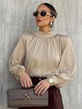 2025 New Blouse Female Summer High-End Pendant Cushioned Shoulder Temperament Elegant Long-Sleeved Simulation Silk Shirt 68HZ