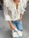 Summer Languid Rice-Colored Round Collar Loose Sexy Lace With Lotus Leaf Blouse French Commuting Simple Shirt Woman 68HZ