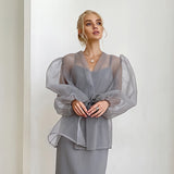 Spring 2025 Y2K Sexy Black Perspective Yarn Shirt Women's Niche Bubble Sleeve Long-Sleeved Shirt Folded 68HZ
