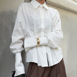 Court-Style White Cotton Shirt Female High-End Luxury Folding Waist Long-Sleeved Collar Shirt 68HZ