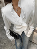 Spring 2025 New Lotus Leaf Side Long Sleeves Open-Shirt Court Style Blouse Ear Woman 68HZ