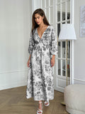 Autumn Fashion Temperament V Collar Lantern Sleeves With Dress Cotton Linen Dress 68HZ
