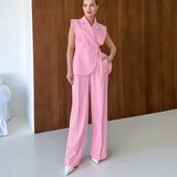 Pink Gentle Windless Suit Collar Loose Vest High-Waist Pocket Broad-Footed Trousers Summer Fashion Casual Suit Woman 68HZ