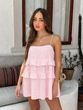 2025 Summer Sexy Pink Cotton Lotus Side Loose Slings Square Bow Tie With Dress Skirt Short Dress Woman 68HZ
