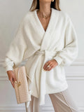 Autumn And Winter Lazy Style White V Collar Long Sleeves With Loose Leisure Long Plush Coat 68HZ