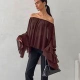 Autumn And Winter Fashion Retro Temperament Collar Brown Chiffon Loose Sexy Side-Leaf Shirt 68HZ