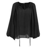 Autumn And Winter Sexy Design Feeling Micro-Permeable Chiffon Black Mystery Loose V-Neck Shoulder Sleeves With Niche Tie Shirt 68HZ