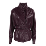 Vintage Wine Red Autumn And Winter Leather Coat Female Senior Feeling Long Sleeves Up Her Belt To Collect Waist Thin Leather Jacket 68HZ
