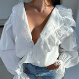 2025 Women's Shirt Sexy Deep V Collar Wood Ear Long Sleeve Temperament Fashion Spliced Lace Shirt 68HZ