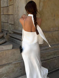 2025 New Imitation Acetic Acid Butt White Sleeveless Hanging Neck Vest Fishtail Skirt Set Summer Fashion 68HZ