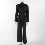 Black High-End Long-Sleeved V-Neck Folded Waist Blazer Trousers Two-Set Autumn Women's Suit Suit 68HZ