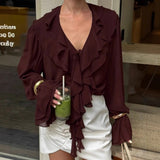 Autumn Women's Design Feel The Leaves Edge V Collar Long Sleeve Tie With Fashion French Shirt Woman 68HZ