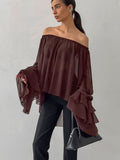 Autumn And Winter Fashion Retro Temperament Collar Brown Chiffon Loose Sexy Side-Leaf Shirt 68HZ