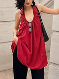 Summer Fashion Elegant Loose Hanging Neck Bare Back Temperament Red Cotton Dress Temperament Short Dress Girl 68HZ