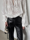 French Cotton Embroidered V-Neck Bubble Sleeve White Shirt 2025 Summer Fashion New Top Lady 68HZ