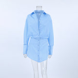 Spring And Summer Fresh Blue Loose Collar Shirt Sleeves Hip Dress Fashion Pencil Skirt 68HZ
