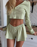 2025 New Casual Home Set Women's High-End Spring And Autumn Solid Color Long-Sleeved Open Shirt Shorts Gray Two-Piece Set 68HZ