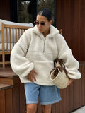 Autumn And Winter Personality Fashion Beige Knitted Leisure Lamb Velvet Small Standing Lantern Sleeves Plush Loose Jersey Woman 68HZ