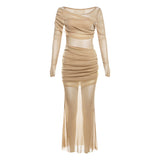 2025 Autumn New Women's Solid Color Repair Height Waist Fashion Neck Long Sleeve Mesh Dress 68HZ