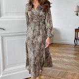 Leopard Print Color-Butt V-Neck Lantern Sleeve A Swing Temperament Dress 2025 Autumn Fashion New Long Dress Woman 68HZ