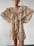Autumn New Chiffon Wrinkle-Print Lotus Leafy Dress 2025 Lantern Sleeve Women's Short Dress 68HZ