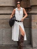 Vintage Cotton Women's Shoulderless Sleeveless Single Buckle 2025 Summer New Long Shirt Collar Dress 68HZ