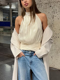2026 Spring New Gold And Silver Silk Hanging Neck Small Vest Women's Fashion Sexy Waist Irregular Bottoming Top 68HZ