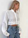 White Chiffon Collar Lotus Leaf Side Umbilled Short Shirt 2025 Spring And Summer Fashion New Top Lady 68HZ