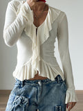 Knitting Body V Collar Lotus Leaf Side Design T-Shirt Commuting Women's Clothing 2025 Autumn And Winter New 68HZ