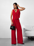 Summer Simple Fashion Casual Sleeveless Vest V-Neck Solid Color Loose Broad-Footed Trousers Two-Set Commuting Suit 68HZ