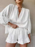 White Cotton-Song V-Neck Lantern Sleeves Of Loose Long-Sleeved Hot Pants Set 2025 Spring Fashion New Two-Piece Set 68HZ